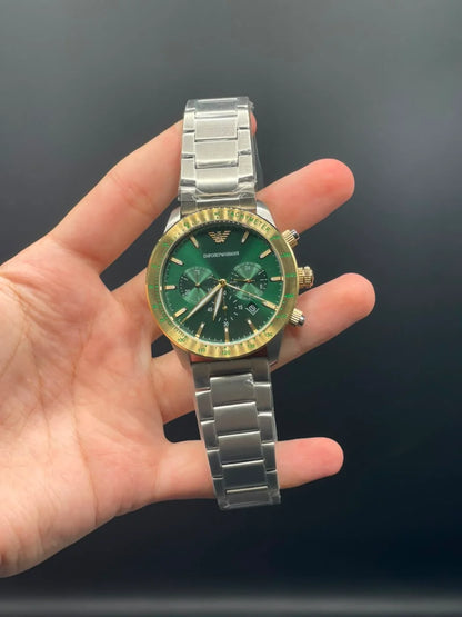 Armni Silver Chain with Green Chronograph Dial and Golden Bezel Automatic Watch