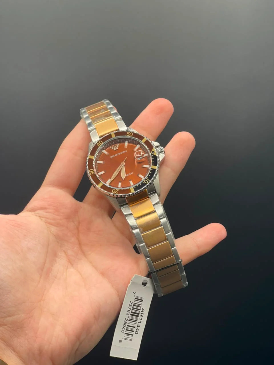 Emporio Armni Two Tone Chain with Brown Dial and Two Tone Rotatable Bezel Quartz Watch