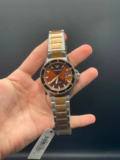 Emporio Armni Two Tone Chain with Brown Dial and Two Tone Rotatable Bezel Quartz Watch