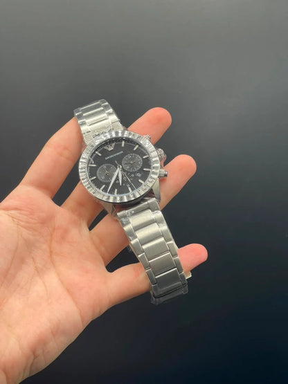 Emporio Armni Silver Chain with Black Chronograph Dial and Silver Bezel Quartz Watch