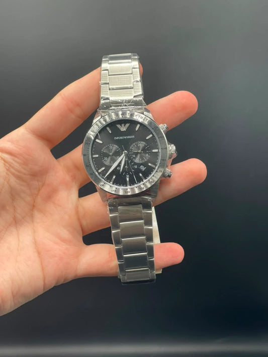 Emporio Armni Silver Chain with Black Chronograph Dial and Silver Bezel Quartz Watch