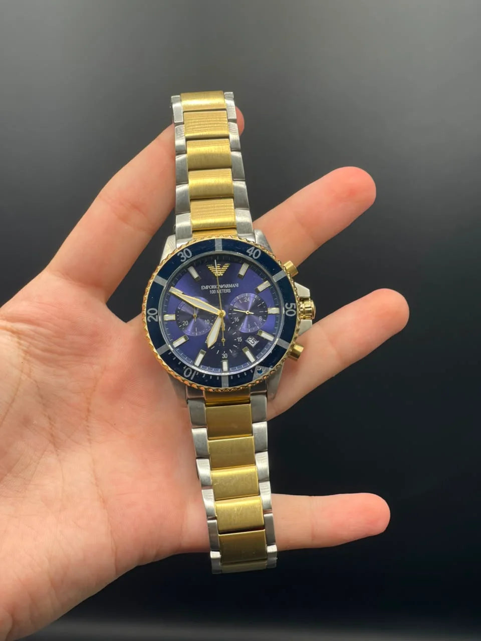 Emporio Armni Two Tone Chain with Blue Chronograph Dial and Blue Rotatable Bezel Quartz Watch