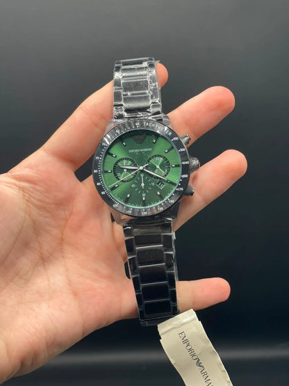 Emporio Armni Black Chain with Green Chronograph Dial Quartz Watch