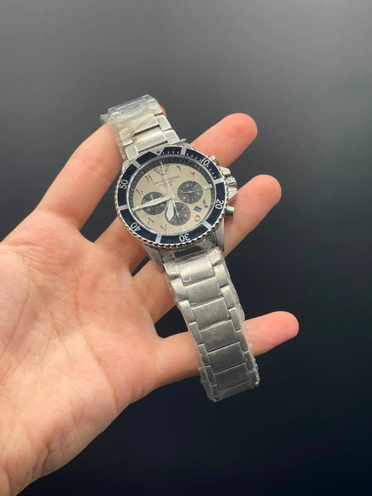 Emporio Armni Silver Chain with Gray and Black Arabic Chronograph Dial and Black Rotatable Bezel Quartz Watch