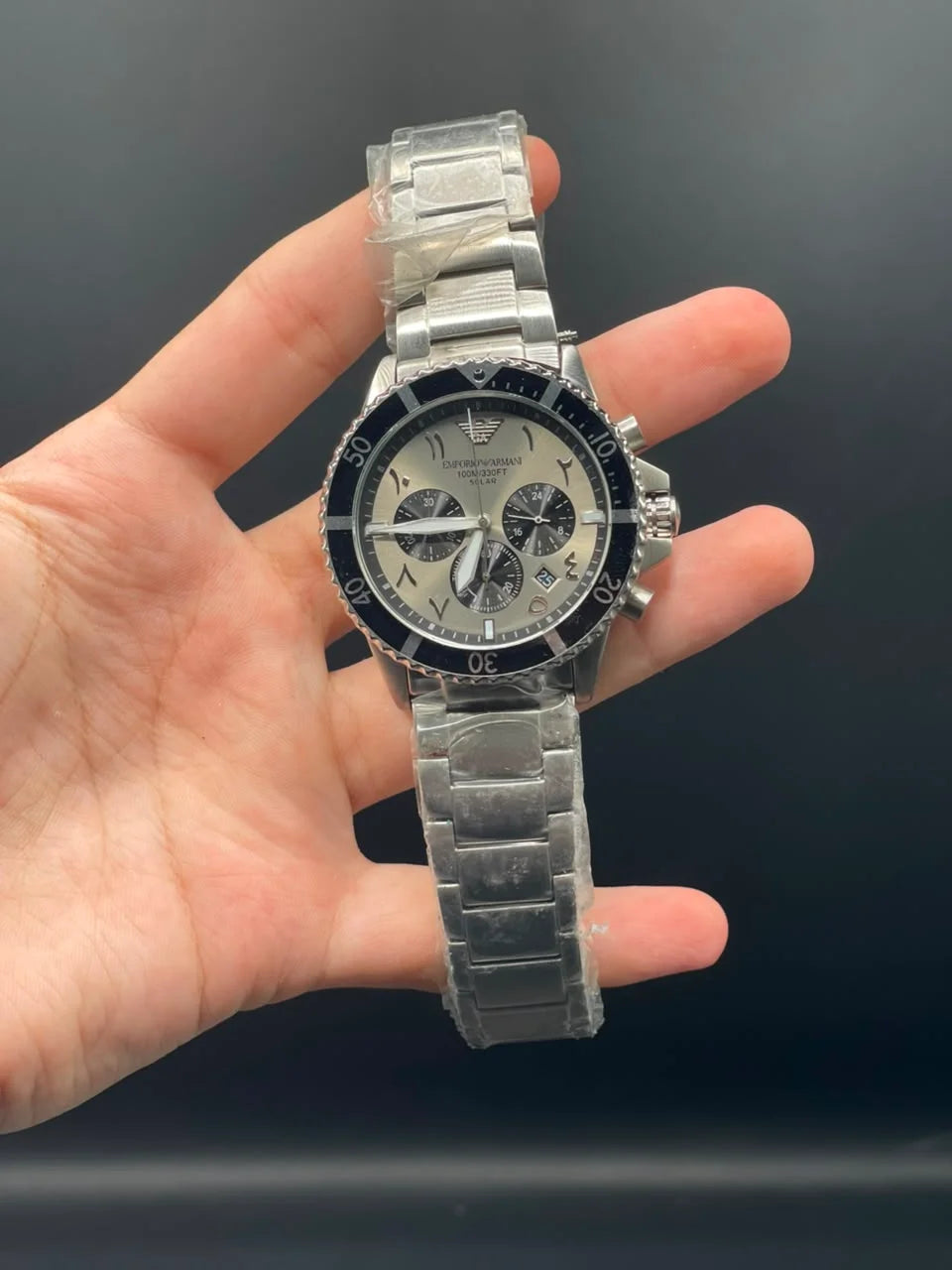 Emporio Armni Silver Chain with Gray and Black Arabic Chronograph Dial and Black Rotatable Bezel Quartz Watch