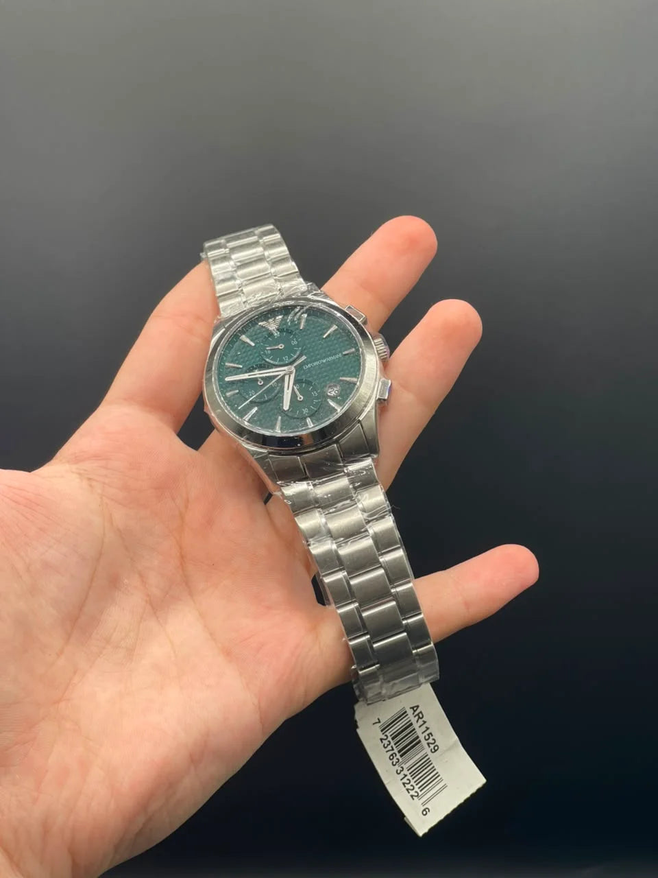 Emporio Armni Silver Chain with Green Chronograph Dial and Smooth Bezel Quartz Watch