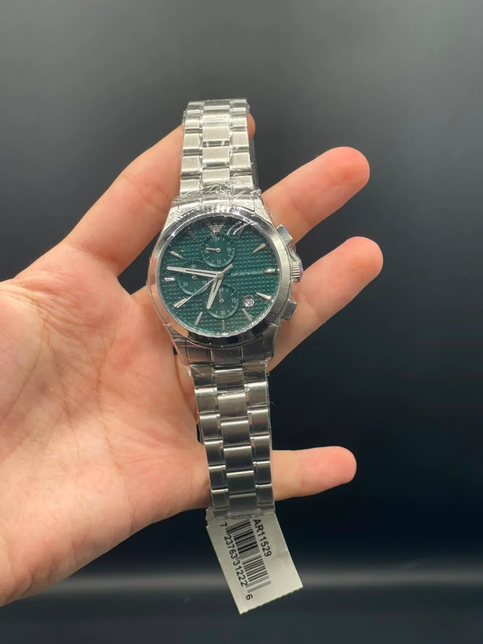 Emporio Armni Silver Chain with Green Chronograph Dial and Smooth Bezel Quartz Watch
