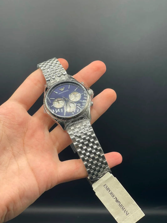 Emporio Armni Silver Chain with Purple and White Chronograph Dial and Smooth Bezel Quartz Watch