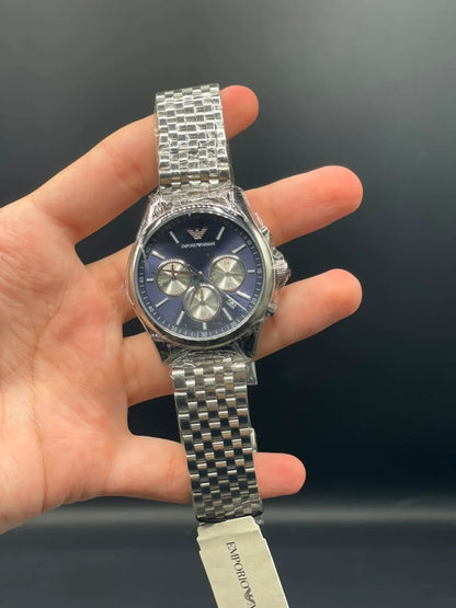 Emporio Armni Silver Chain with Purple and White Chronograph Dial and Smooth Bezel Quartz Watch
