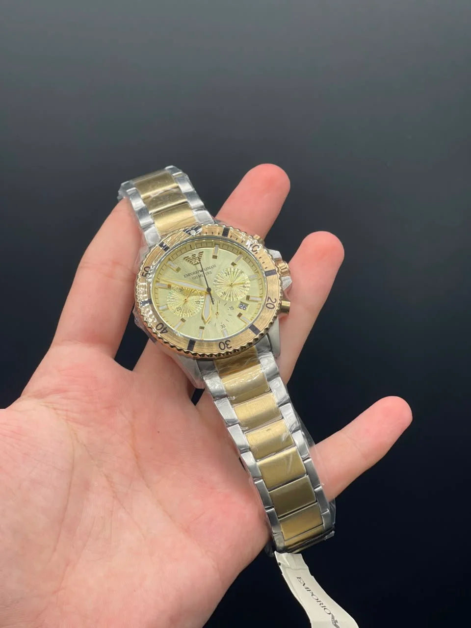 Emporio Armni Two Tone Chain with Golden Chronograph Dial and Golden Rotatable Bezel Quartz Watch
