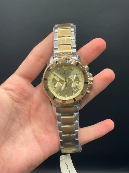 Emporio Armni Two Tone Chain with Golden Chronograph Dial and Golden Rotatable Bezel Quartz Watch