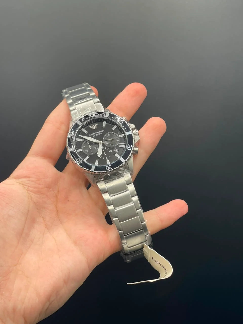 Emporio Armni Silver Chain with Black Chronograph Dial and Black Rotatable Bezel Quartz Watch