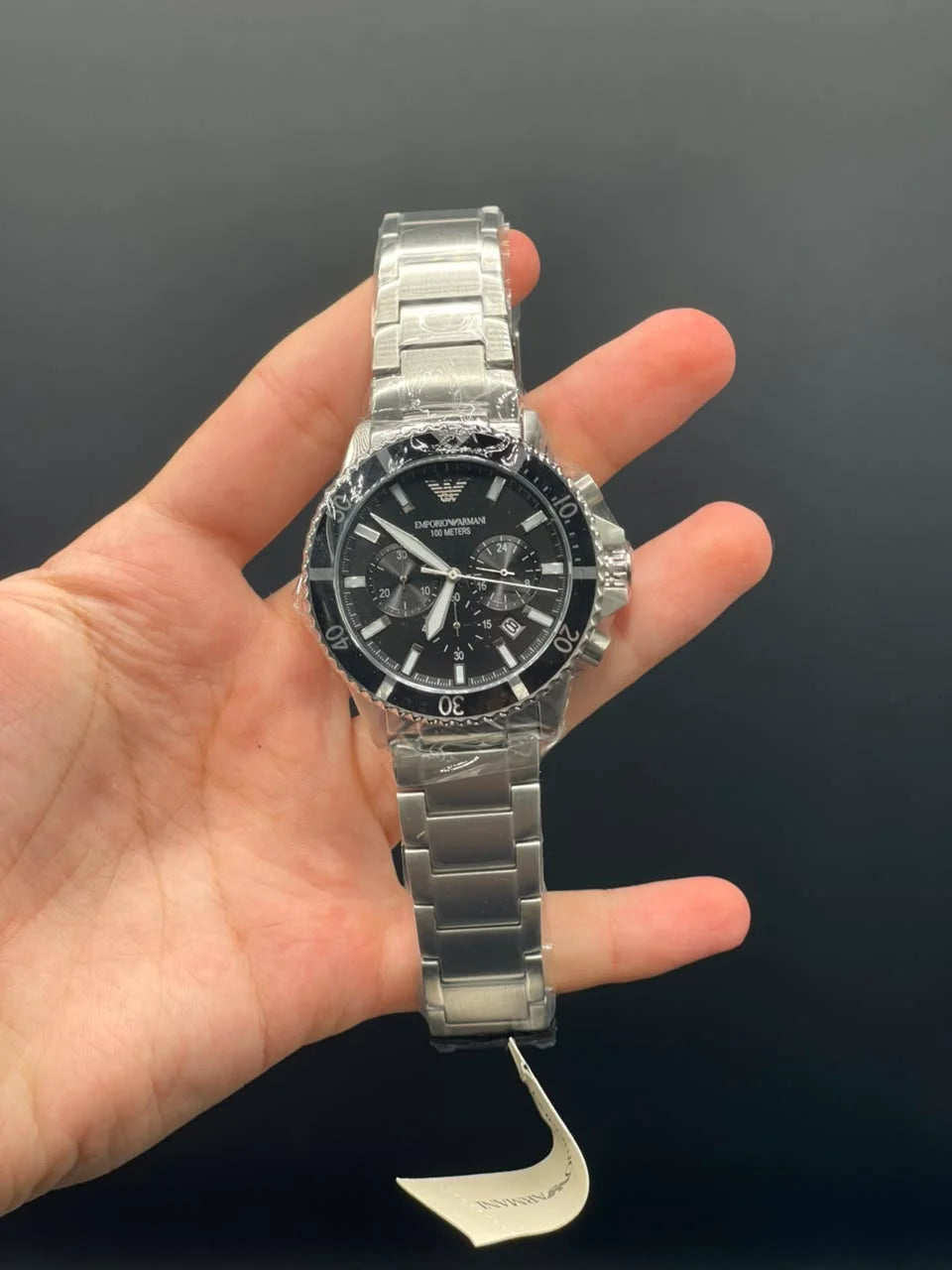 Emporio Armni Silver Chain with Black Chronograph Dial and Black Rotatable Bezel Quartz Watch