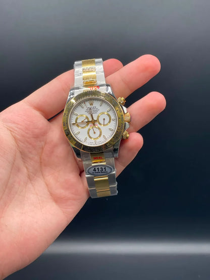 Two Tone Chain With White Chronograph Dial Automatic Watch