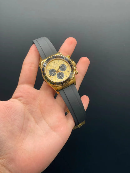 Rlx Black Strap With Golden Chronograph Dial Automatic Watch