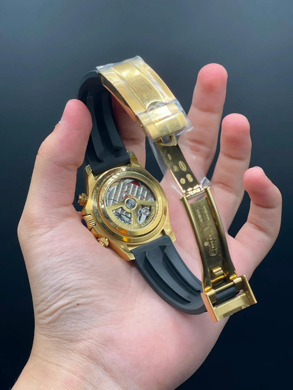 Rlx Black Strap With Golden Chronograph Dial Automatic Watch