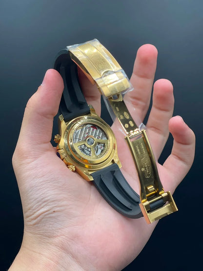 Rlx Black Strap With Golden Chronograph Dial Automatic Watch