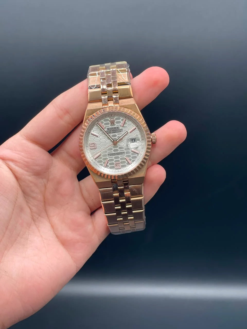 RLX Rose Gold Chain With White Textured Dial Automatic Watch
