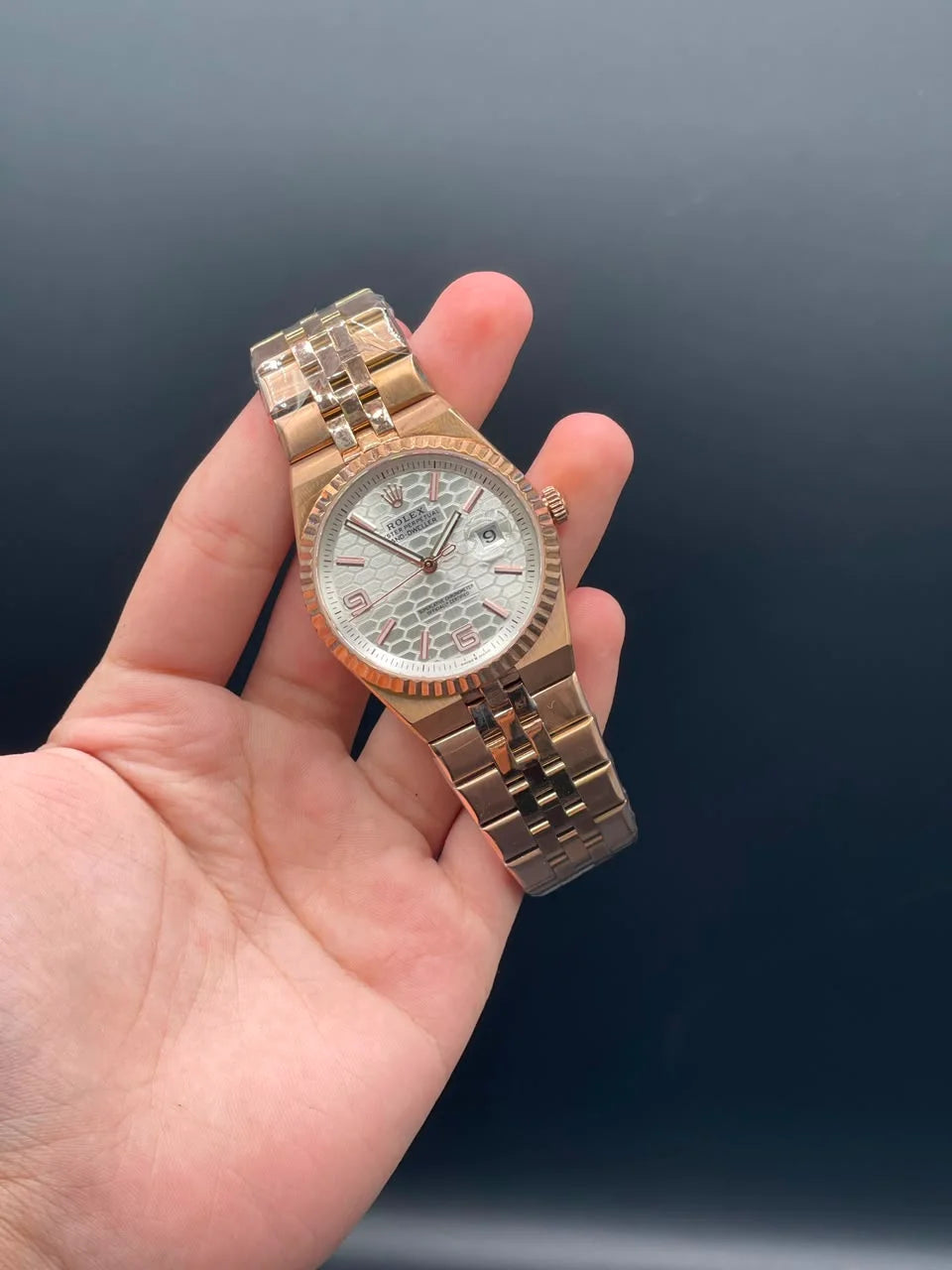 RLX Rose Gold Chain With White Textured Dial Automatic Watch
