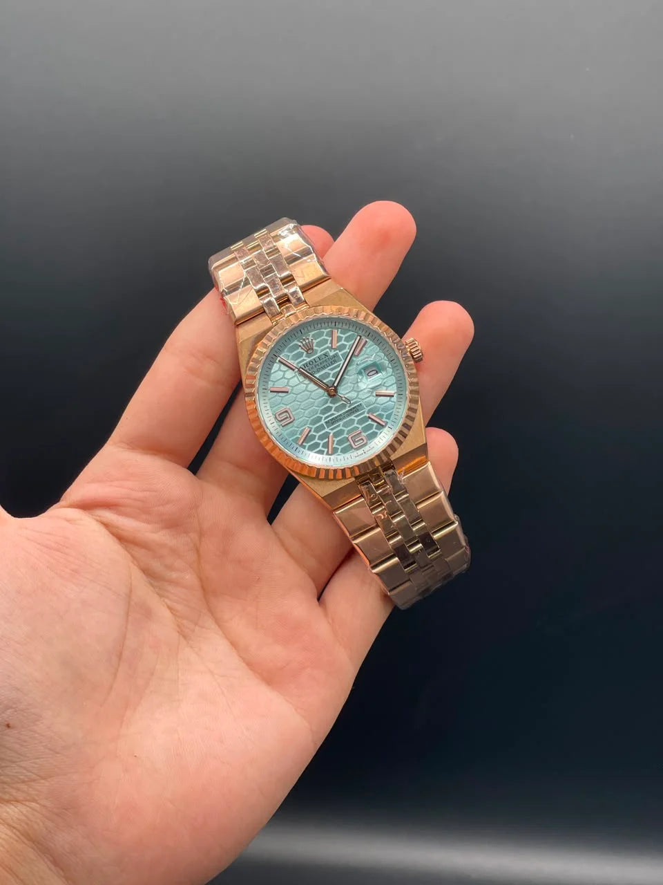 RLX Rose Gold Chain With Tiffany Blue Textured Dial Automatic Watch