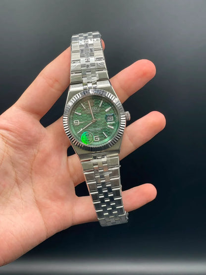RLX Silver Chain With Green Textured Dial Automatic Watch