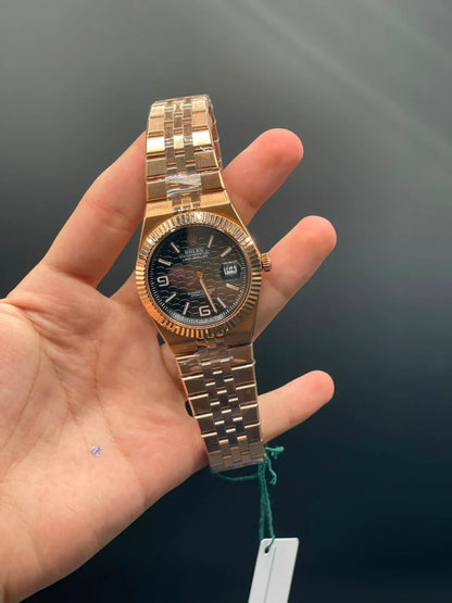 RLX Rose Gold Chain With Black Textured Dial Automatic Watch