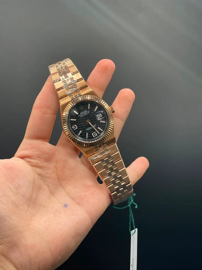 RLX Rose Gold Chain With Black Textured Dial Automatic Watch