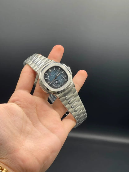 PP Silver Chain With Blue Power Reserve Dial Mechanical Watch