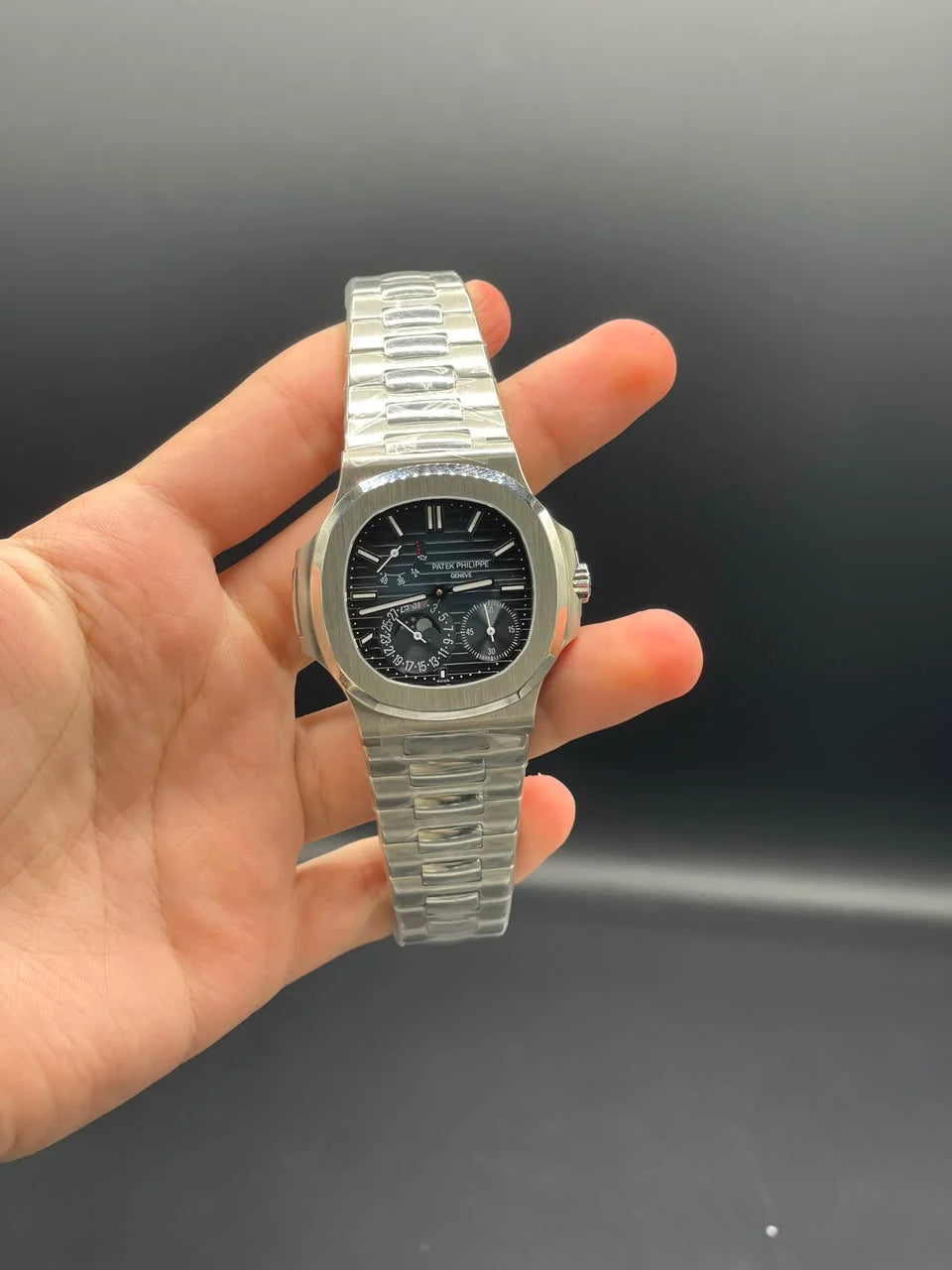 PP Silver Chain With Blue Power Reserve Dial Mechanical Watch