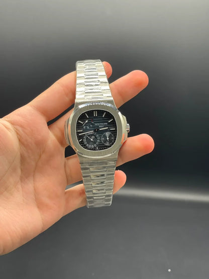 PP Silver Chain With Blue Power Reserve Dial Mechanical Watch