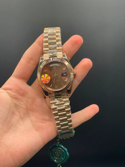 RLX Rose Gold Chain With Chocolate Day-Date Dial Automatic Watch