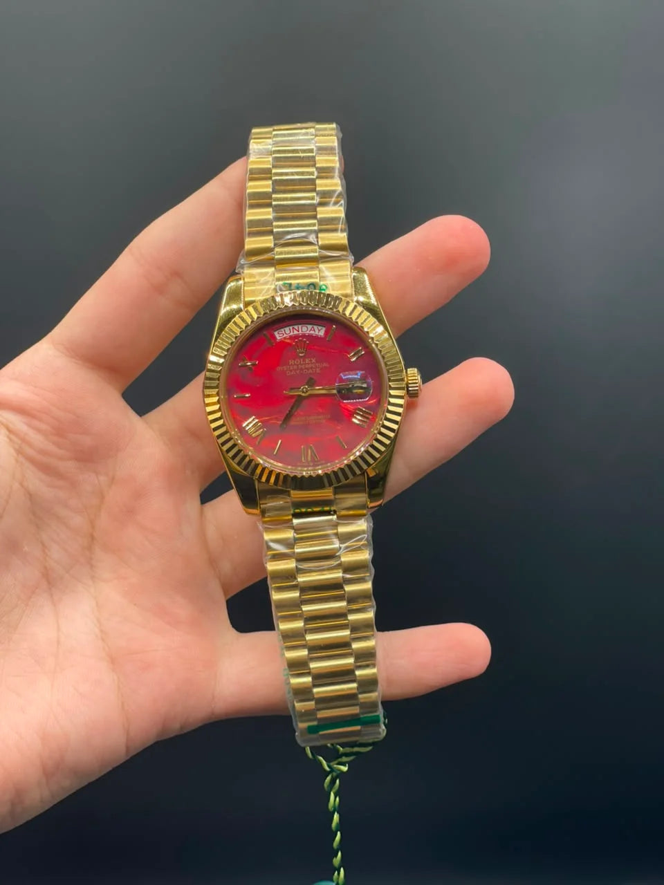 RLX Gold Chain with Red Textured Day-Date Dial Automatic Watch