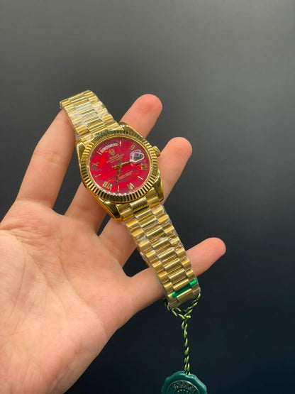 RLX Gold Chain with Red Textured Day-Date Dial Automatic Watch