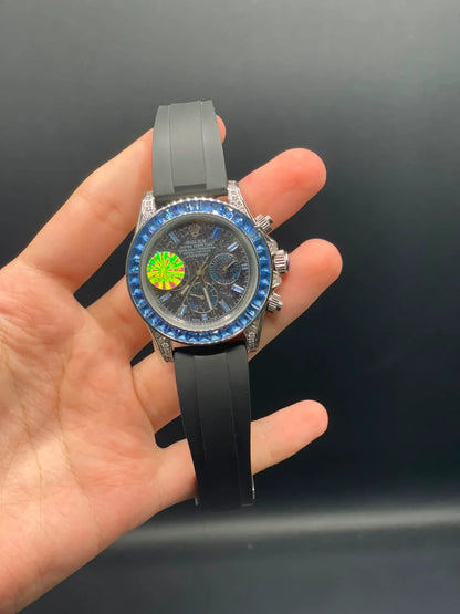 RLX Black Strap with Black Textured Chronograph Dial and Blue Diamond Bezel Automatic Watch