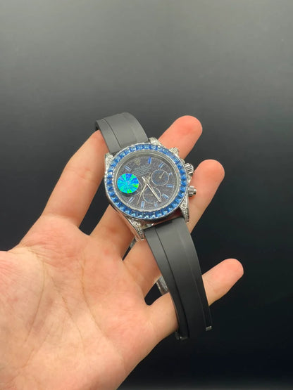 RLX Black Strap with Black Textured Chronograph Dial and Blue Diamond Bezel Automatic Watch