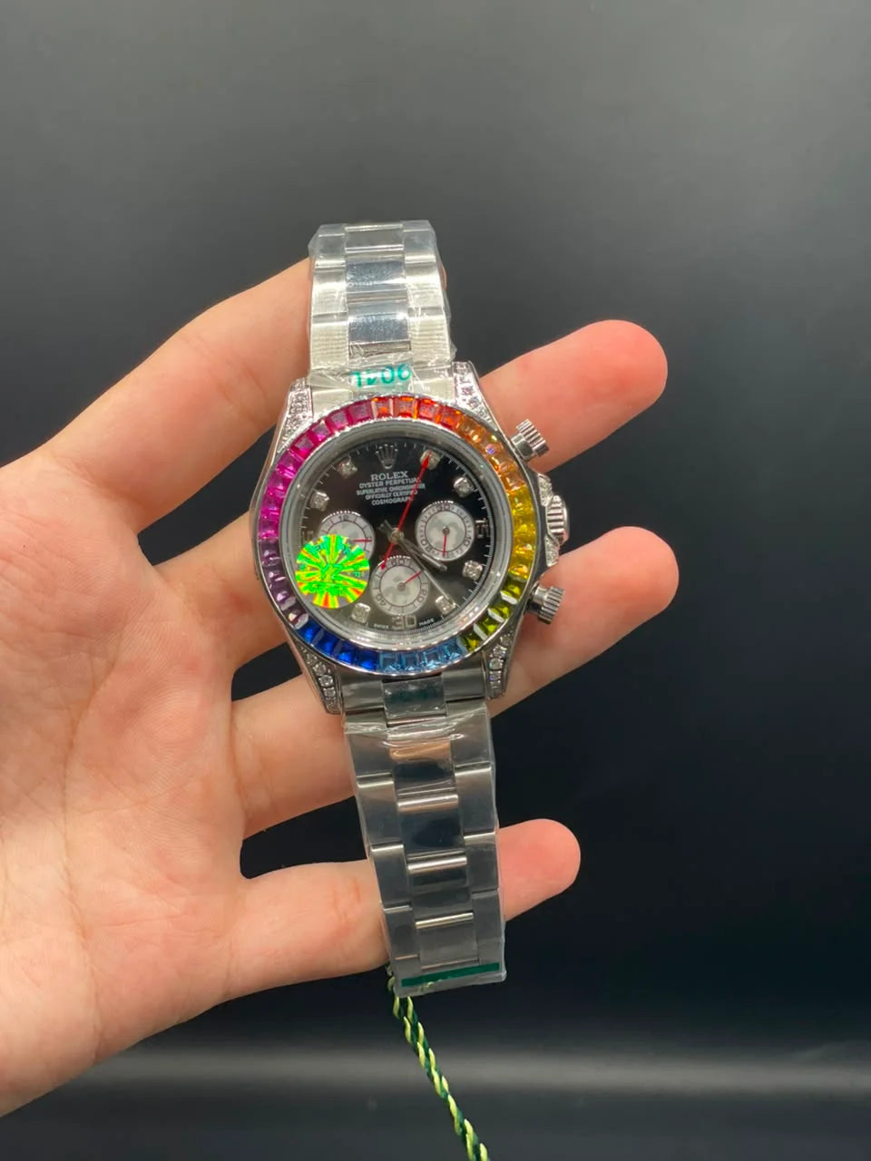 RLX Silver Chain with Black Chronograph Dial and Rainbow Diamond Bezel Automatic Watch