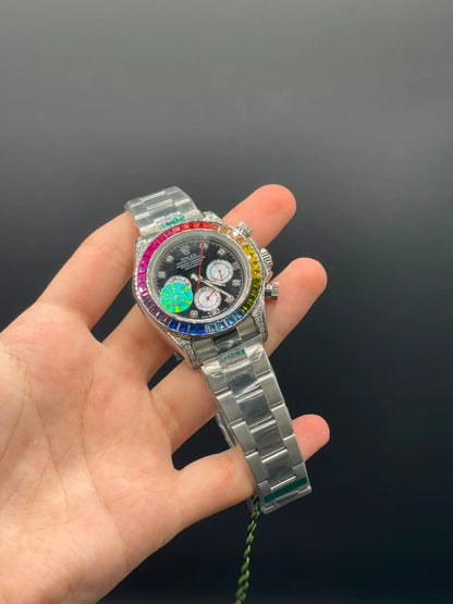 RLX Silver Chain with Black Chronograph Dial and Rainbow Diamond Bezel Automatic Watch