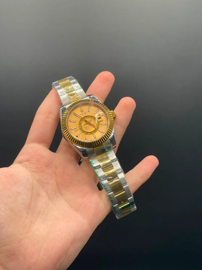 RLX Two Tone Oyster Chain with Golden Sky-Dweller Style Dial Automatic Watch