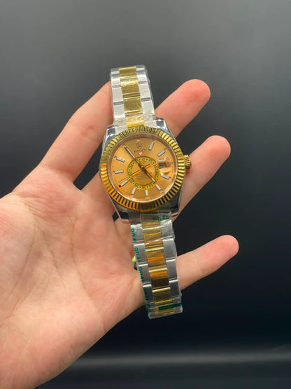 RLX Two Tone Oyster Chain with Golden Sky-Dweller Style Dial Automatic Watch