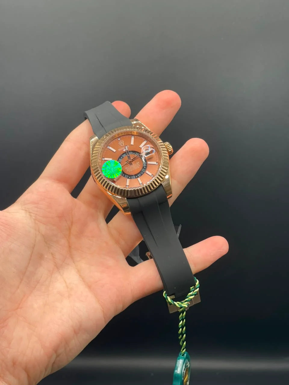 RLX Black Oyster-Flex Strap with Chocolate Sky-Dweller Style Dial Automatic Watch