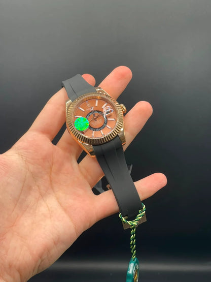 RLX Black Oyster-Flex Strap with Chocolate Sky-Dweller Style Dial Automatic Watch