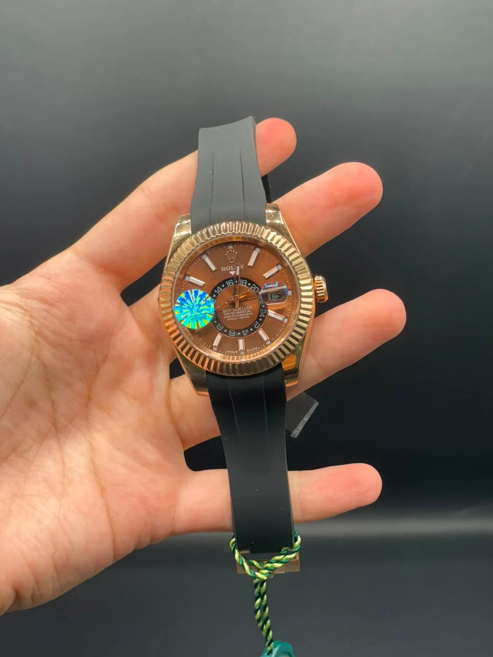 RLX Black Oyster-Flex Strap with Chocolate Sky-Dweller Style Dial Automatic Watch