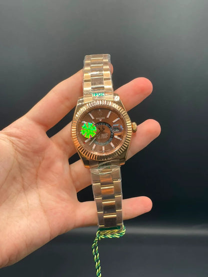 RLX Rose Gold Oyster Chain with Chocolate Sky-Dweller Style Dial Automatic Watch
