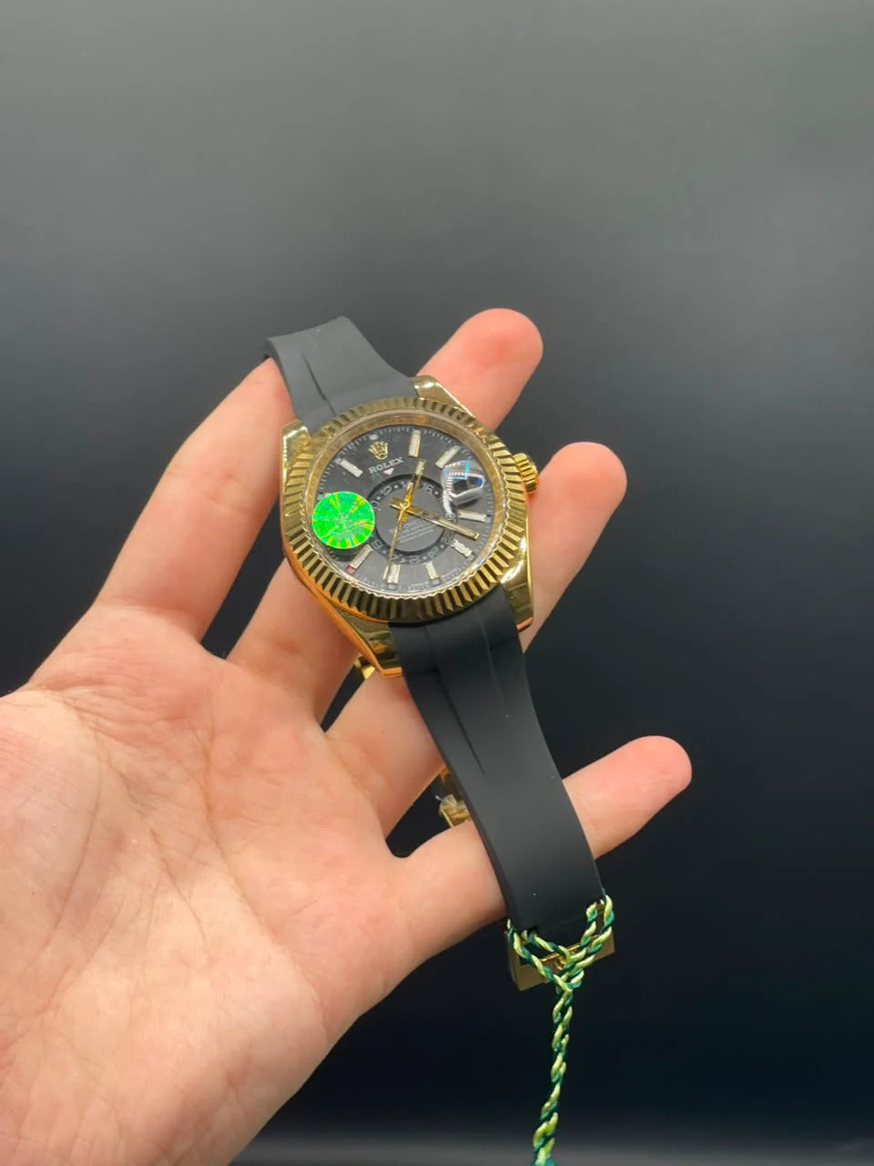 RLX Black Oyster-Flex Strap with Black Dial and Golden Bezel Sky-Dweller Style Automatic Watch