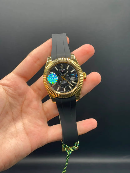 RLX Black Oyster-Flex Strap with Black Dial and Golden Bezel Sky-Dweller Style Automatic Watch