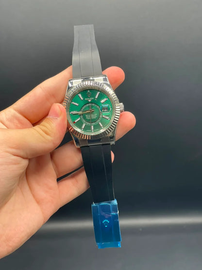 RLX Black Oyster-Flex Strap with Green Sky-Dweller Style Dial Automatic Watch