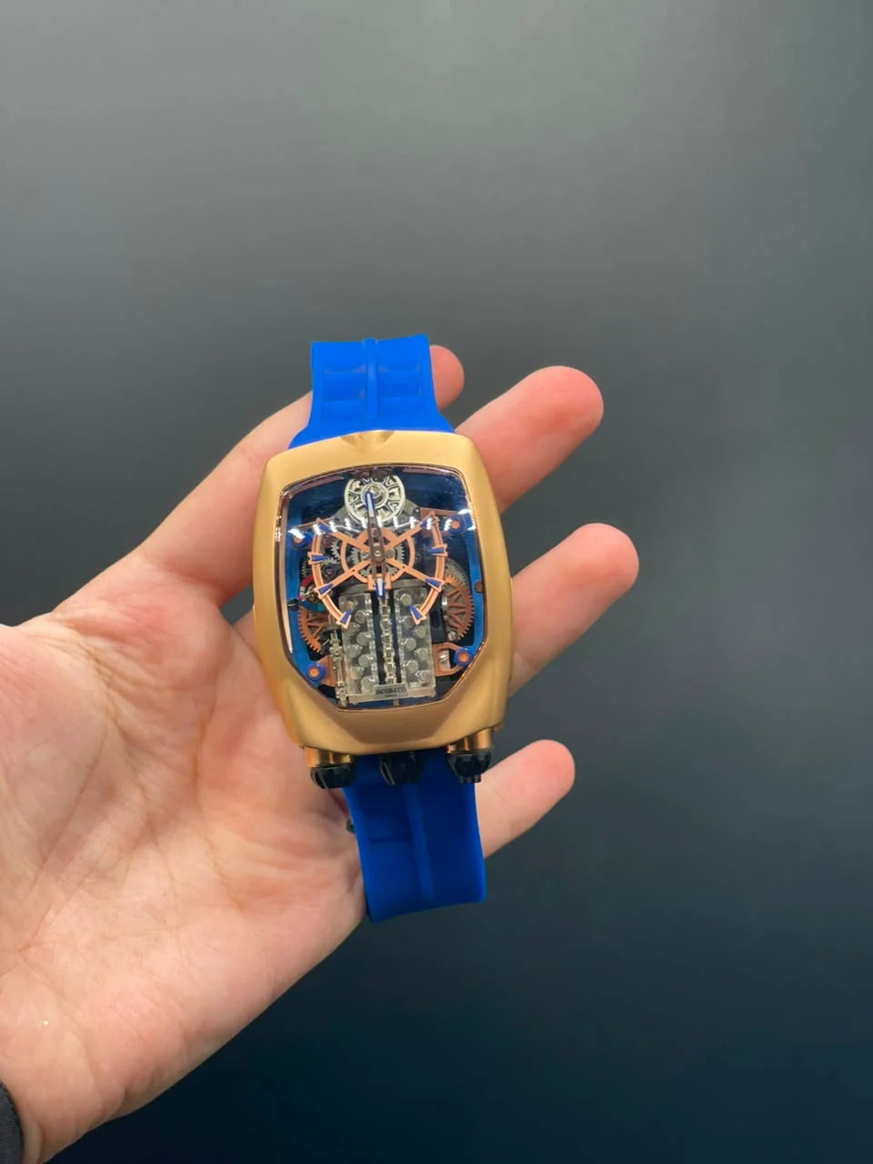 Jacob Blue Strap With Engine Dial With Rose Gold Bezel Automatic Watch