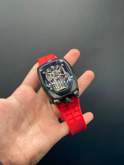 Jacob Red Strap With Engine Dial With Matte Black Bezel Automatic Watch