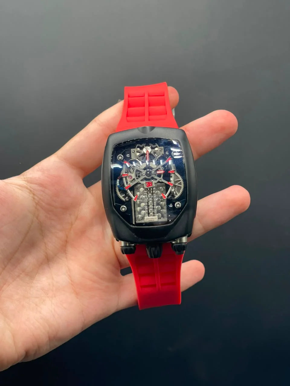 Jacob Red Strap With Engine Dial With Matte Black Bezel Automatic Watch