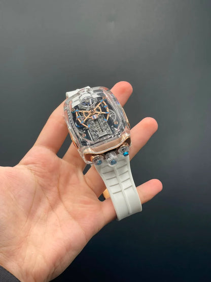 Jacob White Strap With Transparent Engine Dial Automatic Watch